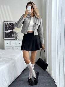 Women's Solid Color Long Sleeve Short Jacket With Utility Pockets, Spring And Autumn Clothing For Women - Grey - View 5