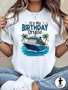 Camiseta de cumpleaños para mujer "It'S My BIRTHDAY Cruise", tema de crucero, decoración con eslogan de palmera, manga corta casual, color azul, cálida y alegre, conjunto para fiesta de cumpleaños de crucero - [Blanco] - Ver 2