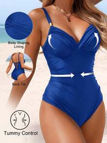 Traje de baño de una pieza con control de abdomen y acolchado, elegante y maduro, para mujer, color negro - azul real 2 - Ver 7