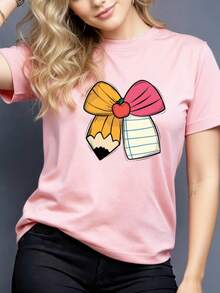 Women's Casual Summer T-Shirt With Pencil Bow Print, Machine Washable, Stretchy Fabric, Ideal For Everyday Wear And Lounging At Home, Versatile Garment, Couple's T-Shirt, Nian Nian Direction, Circles - 羅莎 - 查看 8