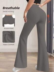 Pantalones acampanados de cintura alta de unicolor para mujer de talla pequeña, color negro, para primavera - Púrpura polvoriento - Ver 5