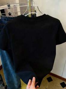 Women's Round Neck Short Sleeve T-Shirt With "I MISS YOU" Heart Pattern - 黑色 - 查看 2
