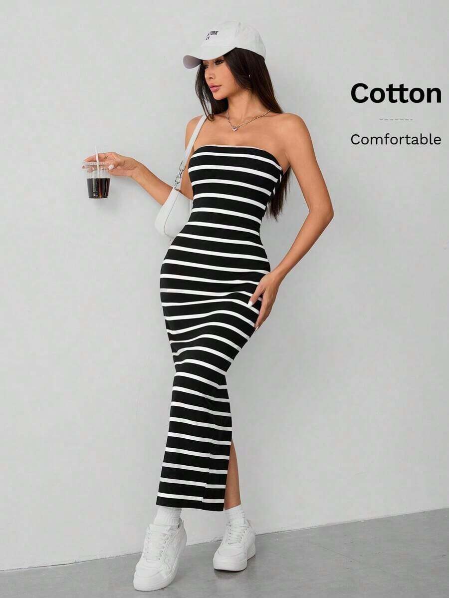 Vestido de mujer con rayas tejidas y top tubular - Blanco y Negro - Ver 1