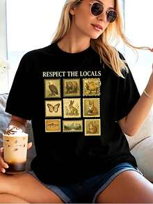 National Park T-Shirt, "Respect Local People" T-Shirt, Camping T-Shirt, Gift For Camping Lovers, Wild Animal T-Shirt, Women's Nature Design T-Shirt, Casual Cotton Crew Neck T-Shirt For Spring And Summer, Super Soft, Breathable Summer T-Shirt - Perfect Gift For Easter, St. Patrick's Day, Valentine's Day, Mother's Day For Mom, Couples, Family And Friends. - 3-黑 - 查看 2