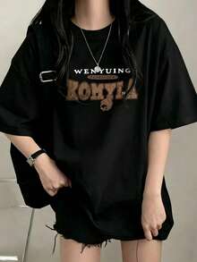 Women's White T-Shirt With A Round Neck, Short Sleeves, New Summer Style With Letter Print. Super Cool And Versatile Loose Fit, Youthful Casual Style. Cool And Comfortable Fabric, Ideal For Everyday Wear, Going Out, And Combining With Any Garment For A Modern And Stylish Look. EEA9 - 黑色 - 查看 7