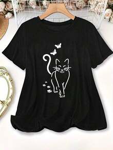 Camiseta de manga corta con cuello redondo y estampado de mariposa y gato de dibujos animados para mujeres de talla grande,Playera Gráfica Oversized Mujer Verano Casual - Negro - Ver 5