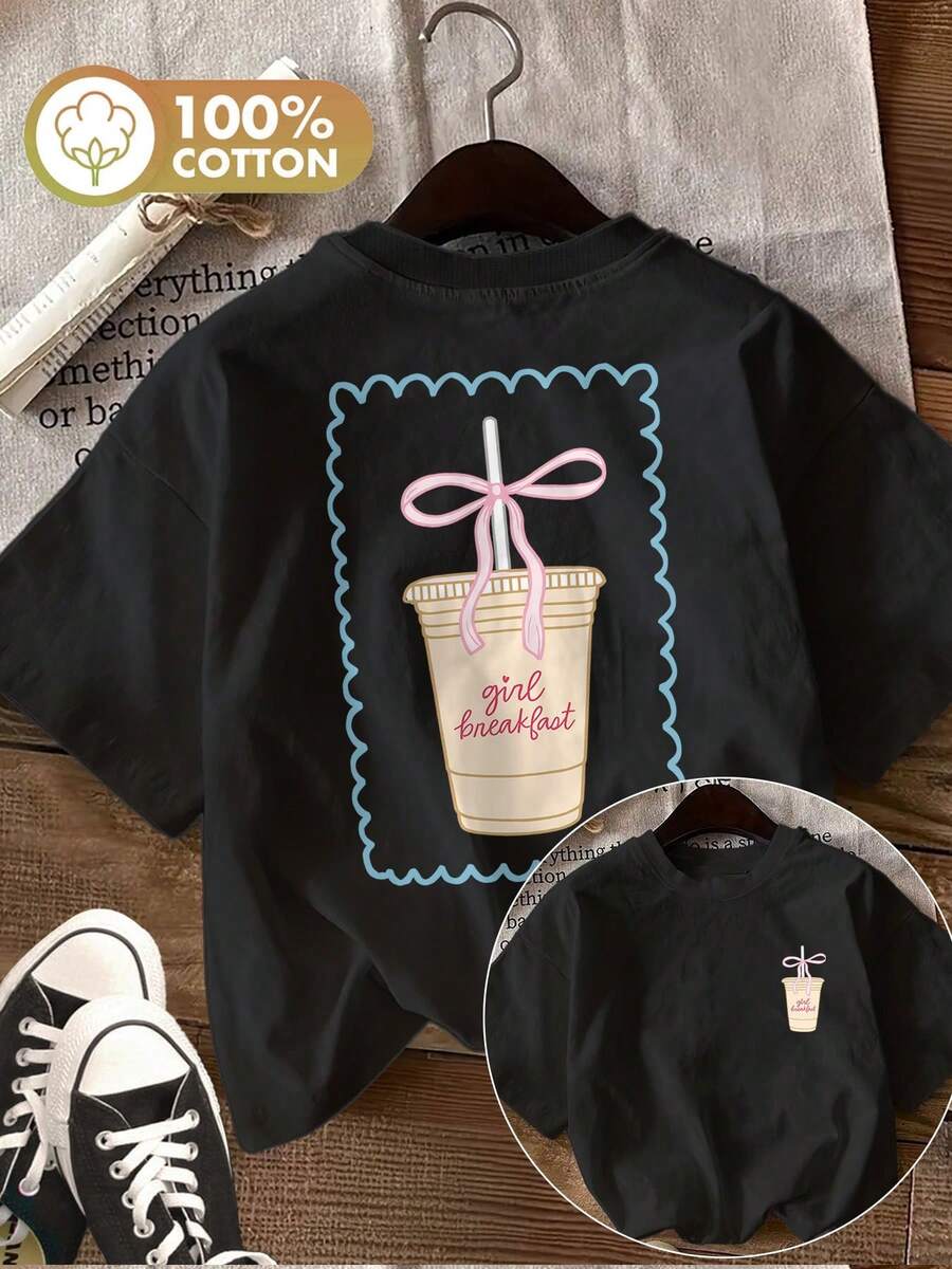 Women's Short Sleeve Crew Neck T-Shirt - Kawaii Breakfast Print Blouse | Spring-Summer Casual Blouse Suitable For Outfits, Machine Washable Crew Neck T-Shirt For Uniforms And Casual Wear - 黑色 - 查看 1