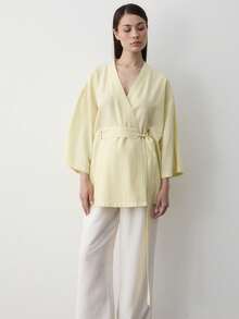 Women Lightweight Kimono Cardigan Tie Front Loose Fit Beach Cover Up Casual Summer Shirt - Yellow - View 2