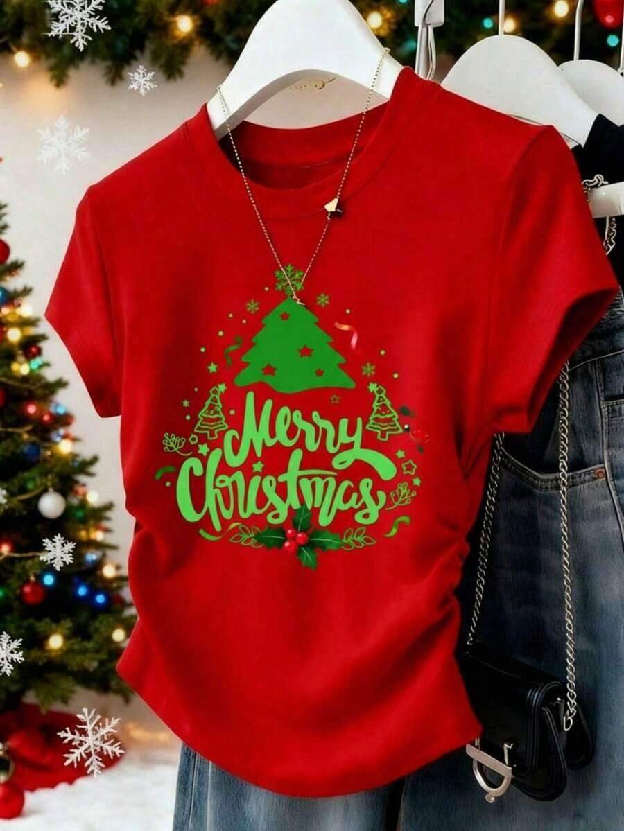 Colorful Christmas Print T-Shirt, Perfect For This Season, Modern, Loose Fit, Round Neck, Short Sleeves, Ideal For Seasonal Parties And Everyday Wear, Perfect For The Whole Family - 紅色1 - 查看 1