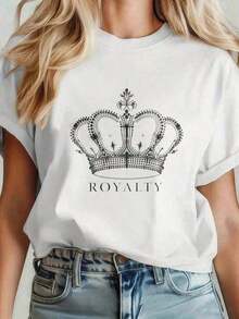 Women's Short-Sleeved Crew Neck T-Shirt With A Fun Print, Graphic Tee With A Royal Crown, Fashionable Casual Women's T-Shirt With A Royal Print, White T-Shirt, Suitable For Parties, Outings, Sports And Other Holiday Gifts - 白色的 - 查看 6