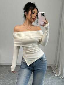 Camiseta elegante de mujer con hombros descubiertos, solapa ancha, dobladillo con cordón y ajuste delgado, para primavera y otoño - Albaricoque - Ver 5