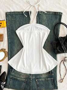 Camiseta de tirantes finos con estampado floral desgastado y parches con cuentas, estilo vintage y sexy, para verano - Blanco - Ver 2