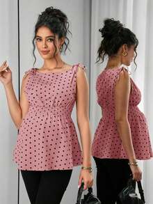 Camiseta de tirantes con estampado de lunares, nudo en los hombros y la cintura, para embarazadas - Rosa - Ver 6