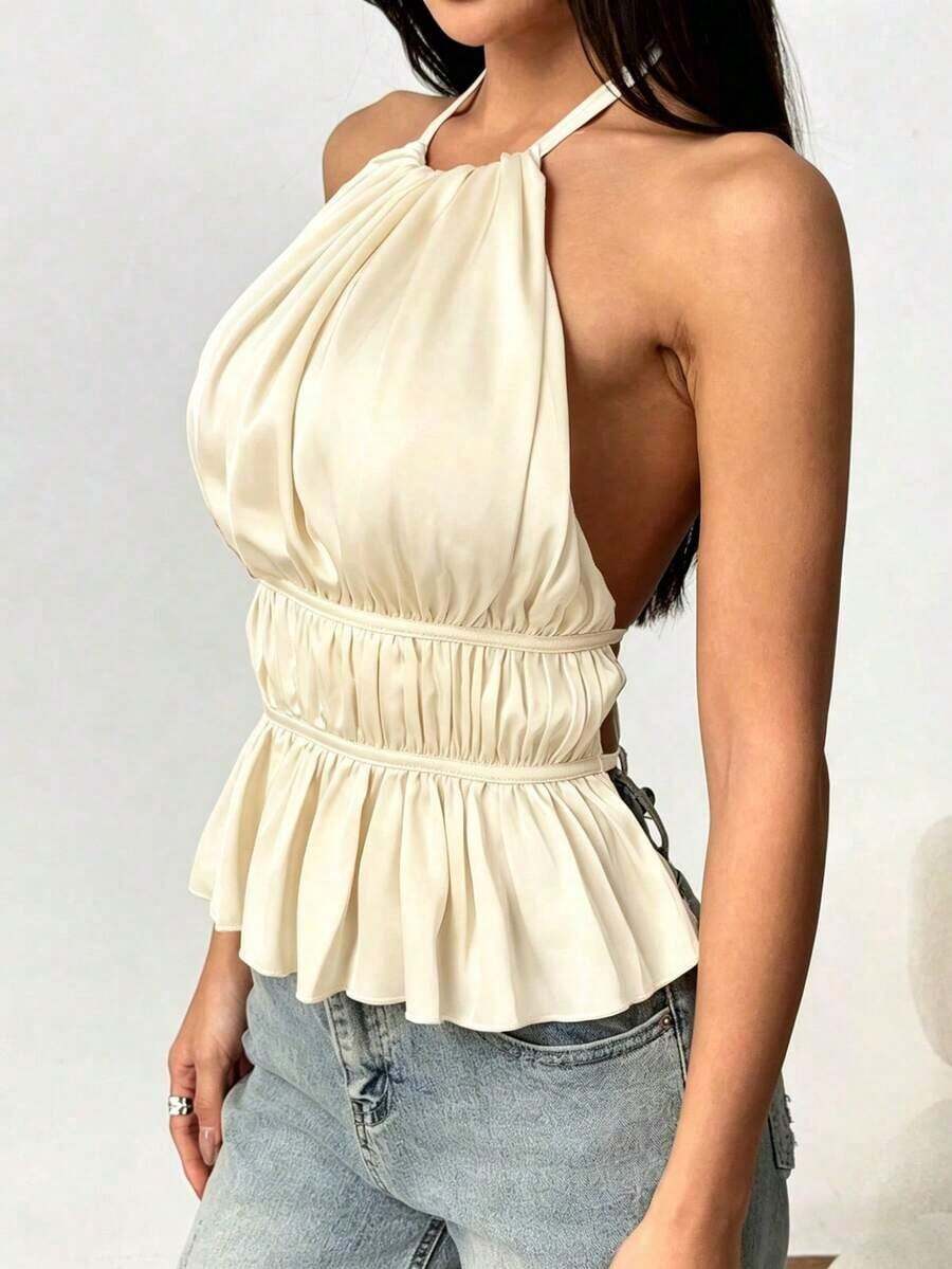 Camiseta sin mangas de satén con pliegues, cuello de halter y espalda descubierta, unicolor, de uso casual para mujer - Blanco - Ver 1