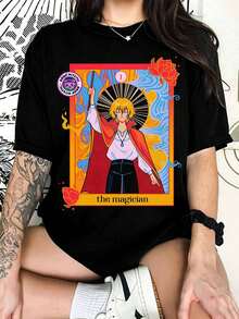 Kurapika Huntersss X Huntersss "The Magician" Tarot Card Anime Oversized Black Graphic T-Shirt - Black - View 6