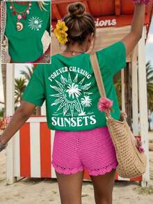 Y2K Style, Fashionable Style, 2026 Newest, Cute Style, Casual Style. LUNE Women's Spring & Resort Vacation Clothes, Summer Graphic Tees, Cute Summer Blouses, Summer Vacation Tops 180g (S-XXXL) - 深綠色 - 查看 6