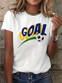 Impresión gráfica Camiseta con goles de fútbol, un elegante top casual de cuello de tulación de manga corterfecto para lrimavera y el verano, diseñado para mujeres - Blanco - Ver 9