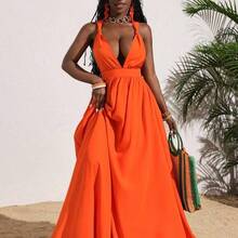 Slayr Women's Sexy Solid Orange Deep V-Neck Backless Cross Tied Long Dress, Summer Vacation - Naranja - Ver 5