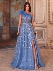 Faeriesty Vestido largo de noche formal con cuello asimétrico, sin mangas, con lentejuelas, dobladillo con volantes y abertura, con cuentas y lazo en la espalda, para vacaciones - Neblina azul - Ver 4