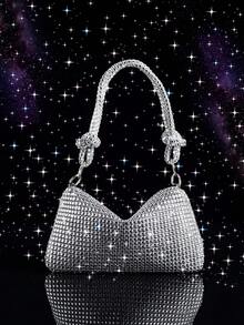 Sparkling Crystal Decorated Small Square Handbag, Elegant Lady Tote Bag For Evening Party, Daily Date, Suitable For Occasions - Silver - View 5