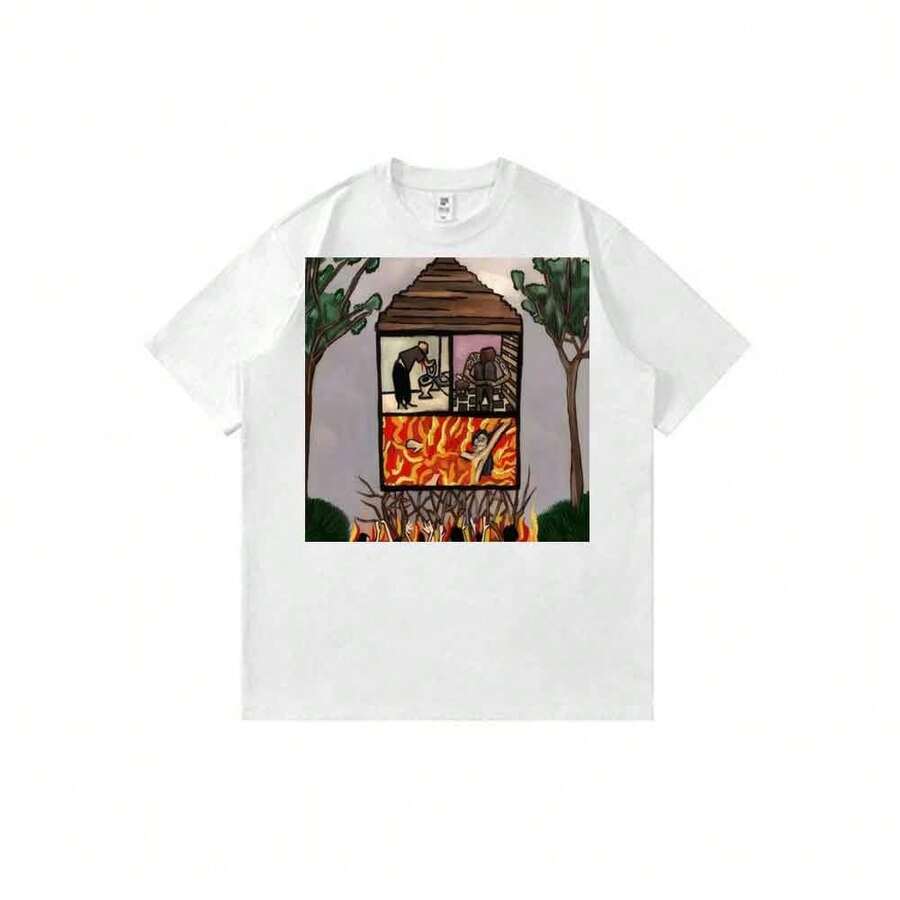 Camiseta unisex de manga corta con estampado de estilo anime surrealista de una casa en llamas en tres paneles. Ropa urbana de verano. - Blanco - Ver 1