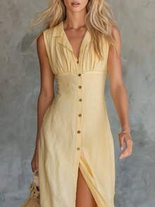 Light Yellow Linen And Cotton Blouse With Retro Lapels And Front Closure, Long Skirt - 黃色 - 查看 2