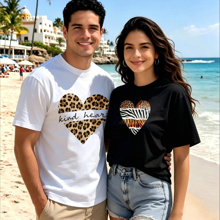 2-Piece Couple Matching Pattern T-Shirt, 100% Cotton, Loose Fit, Soft And Breathable, Casual Round Neck Short Sleeved Top Heart Leopard Print Kind Heart Zebra Print Versatile Patterns No Picky Combinations Coordinated Dating Casual Travel Simple And Cartoonish Printing Styles High Cost-Effectiveness - 白色 - 查看 1