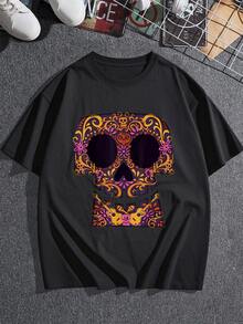 Calavera colorida inspirada en el Día de los Muertos con flores y guitarras que simbolizan la conexión entre la vida y la música camiseta de mujer  cómoda y moderna para uso diario - Negro - Ver 3