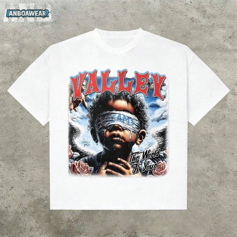 Valley The World Is Your Retro 180g Cotton T-Shirt, Grunge Style Print, Streetwear, Large Size T-Shirt, Jesus T-Shirt, Y2K Graphic Tee, Perfect Gift For Family And Friends. GM5R - 白色的 - 查看 1