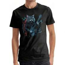 Camiseta de Heavy Metal con Diseño de Gato para Hombre, Camiseta de Banda de Rock, Regalo para Papá Gato, Camiseta con Gráficos Musicales CPQH - Negro - Ver 2