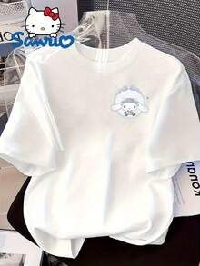 Camiseta oficial con licencia de dibujos animados de ovejita linda para mujer - Camiseta de manga corta con cuello redondo y estampado de anime kawaii en la parte delantera y trasera, estilo casual para primavera, verano y otoño, tela suave lavable a máquina (blanca), atuendo diario, ropa casual, estilo divertido-vintage urbano, camiseta unisex holgada de algodón de manga corta con cuello redondo. - Blanco - Ver 7