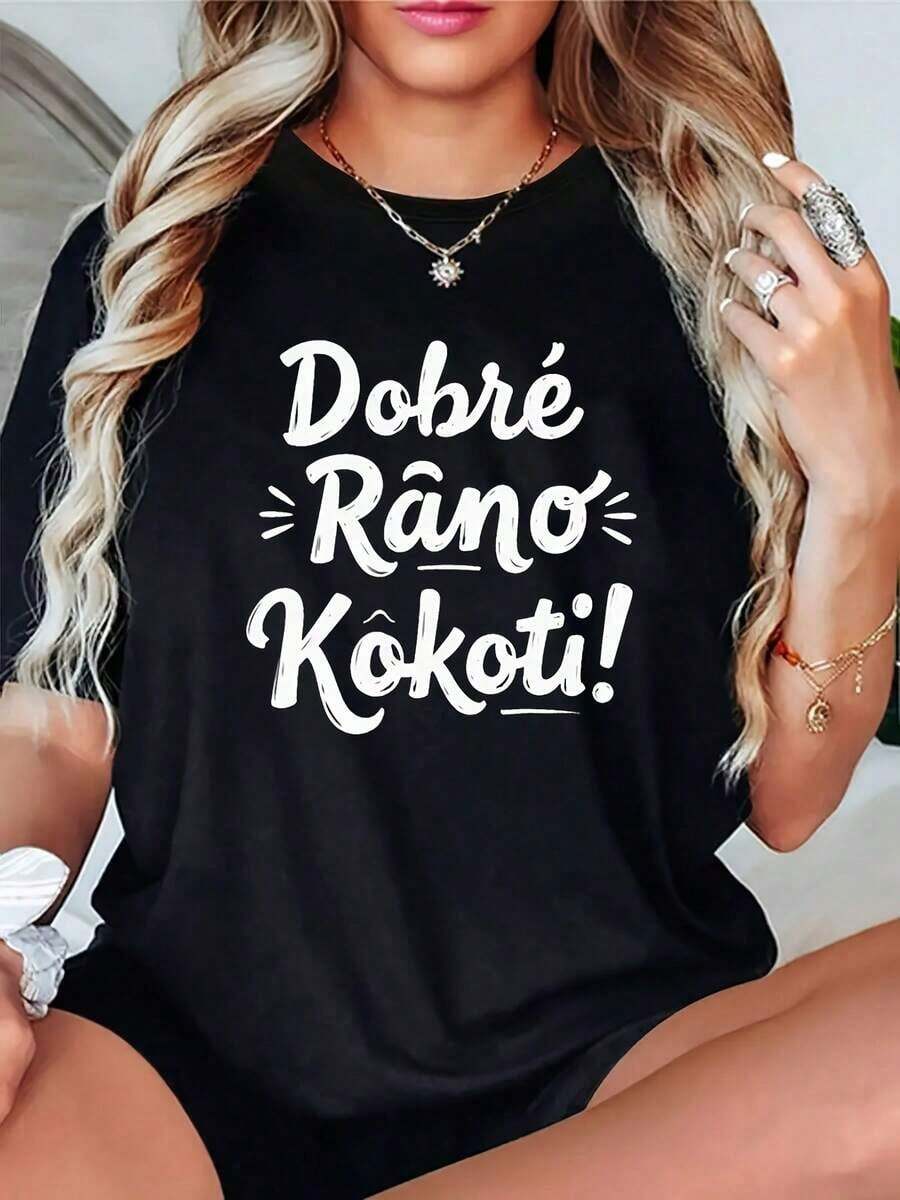 SummerCamiseta Divertida para Mujeres - Estampado "Buenos Días, Insulto" con Texto "Dobre ráno, kócoti!" - Top Azul Cómodo y Casual - Regalo de Humor en Checo para Uso Diario y Entusiastas d - Negro - Ver 1