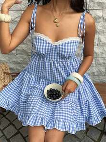 Vestido de mujer retro francés de cuadros rojos con tirantes finos, nuevo diseño de primavera temprana con encaje, versátil, dulce y elegante con capas - Azul - Ver 3