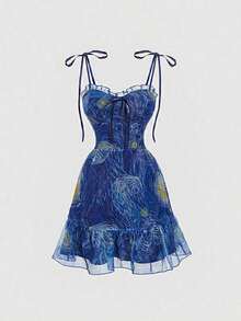 MOD Vestido largo con estampado de la pintura del Cielo Estrellado de Van Gogh en azul para mujeres, vestido de fiesta, conjunto de vestido de múltiples piezas, vestido floral para mujeres, vestidos elegantes para mujeres, vestido de tres usos, vestidos elegantes para fiestas, vestido de playa, vestidos de vacaciones para mujeres - Azul - Ver 4