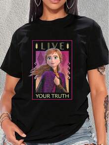 Gráfico con mensaje Live Your Truth" que inspira autenticidad y fuerza interior con tonos púrpura y dorado evocando confianza y libertad camiseta de mujer  casual cómoda para uso diario - Negro - Ver 6