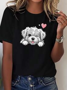 Camiseta suave para mujer con un estampado de cachorro maltés esponjoso - Estilo vintage urbano, unisex, de algodón, manga corta, cuello redondo, blusas para mujer. blusas.blusas casuales para dama. - Negro - Ver 6