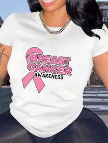 Women's Short Sleeve T-Shirt With Creative Y-Shape Design, Colorful, For Breast Cancer Awareness, Casual And Sporty Style, Comfortable For Summer And Vacation. Standard Casual T-Shirt For Women, Breathable And Lightweight. - 白色 - 查看 1