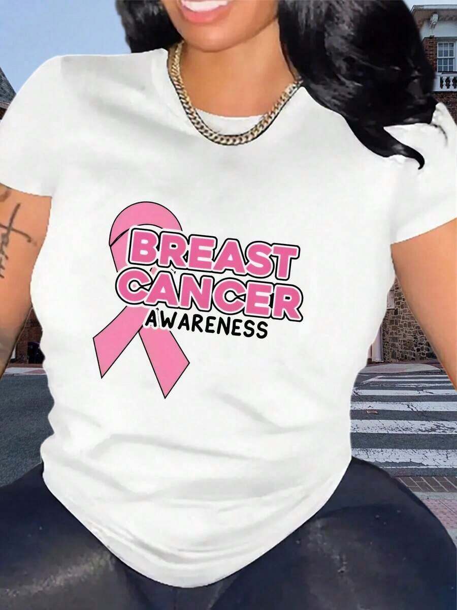 Women's Short Sleeve T-Shirt With Creative Y-Shape Design, Colorful, For Breast Cancer Awareness, Casual And Sporty Style, Comfortable For Summer And Vacation. Standard Casual T-Shirt For Women, Breathable And Lightweight. - 白色 - 查看 1
