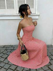 High-Waisted Polka Dot Print Dress, Vacation Style - Aqua Blue - View 3