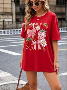 Women's Casual T-Shirt, Red, Cotton, Short Sleeve, With Strawberry And Flower Print, Round Neck, Regular Fit, Autumn Style, 100% Cotton, Durable - 紅色 - 查看 2