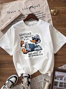 Relaxed Duck T-Shirt With "Whatever Life Throws At You" Slogan.  Short-Sleeved T-Shirt For Spring/Summer 2026, Made In Mexico, 180 Grams. Cartoon Print, Couple Design, Suitable For Indoor Or Outdoor Wear. Crew Neck, Unisex, Ideal For The Office And Leisure. One-Pack. - WH-P631577SLNDXZGY378 - 查看 3