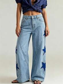 Women's Jeans With Pockets Stylish Mid Rise Casual Star Patch Wide Leg Denim Pants - Light Blue - View 1