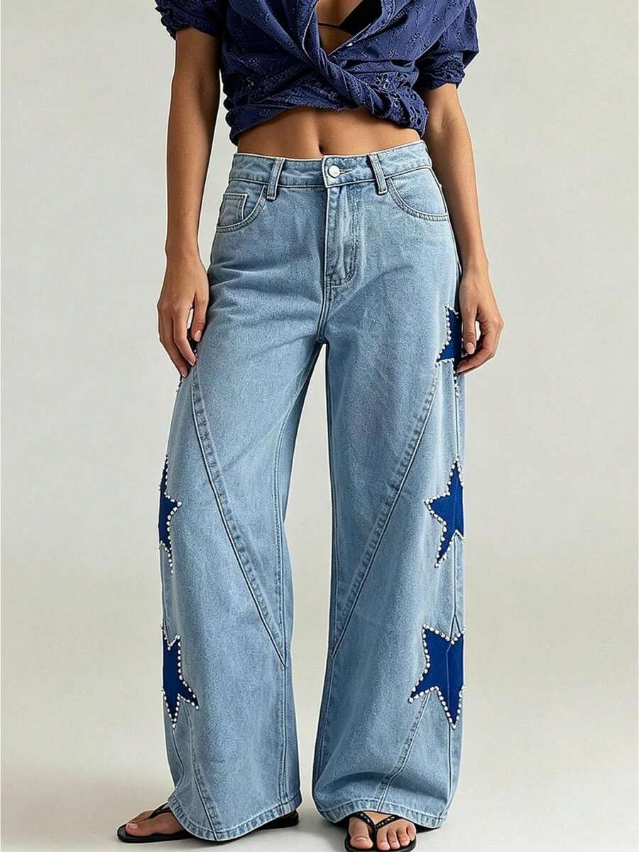 Women's Jeans With Pockets Stylish Mid Rise Casual Star Patch Wide Leg Denim Pants - Light Blue - View 1