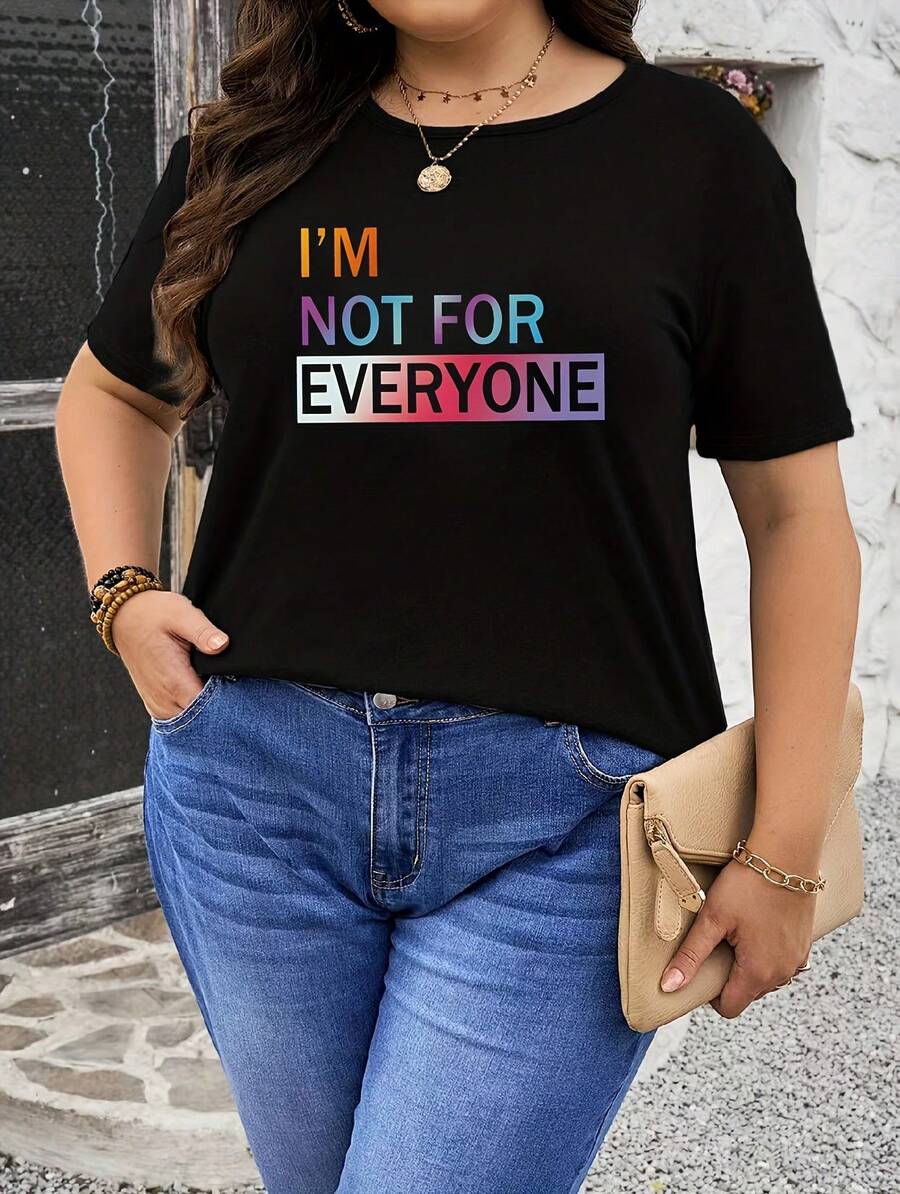 1pc Plus Size Casual Round Neck T-Shirt With "I'M NOT FOR EVERYONE" Letter Print, Short Sleeve, Stretchy Polyester Knit Fabric, Spring/Summer Fashion Top - 黑色 - 查看 1