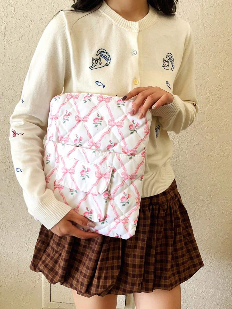 1件裝時尚甜美風玫瑰蝴蝶結印花絎縫女款筆電包,超柔軟防震筆電保護套附前口袋,輕量加厚拉鍊收納包,適合學校、辦公室、旅行,送給好友的完美禮物 - 彩色 - 查看 1