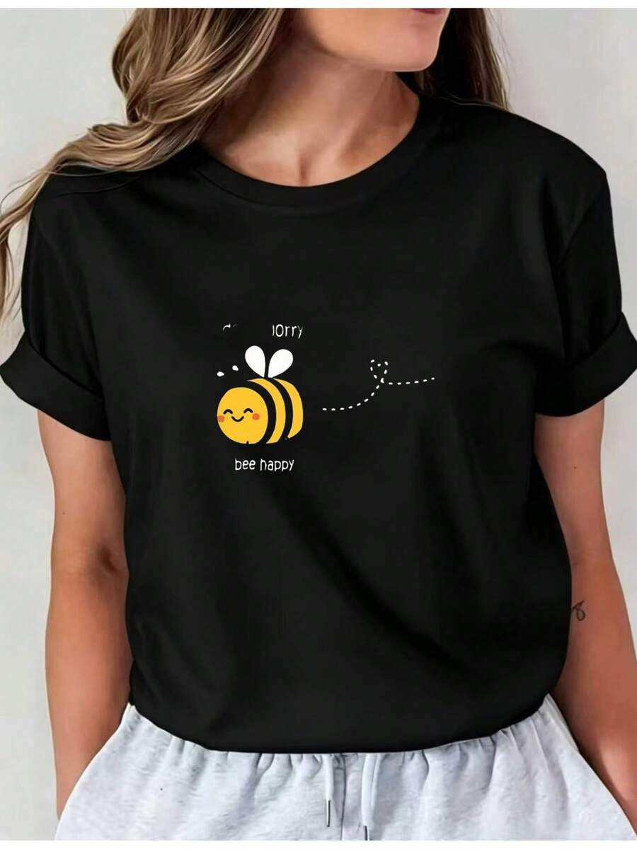 Women's Short-Sleeved Crop Top With A 2D Bee Print, Conveying A Message Of Joy And Carefree Spirit. A Casual And Unique Mini Top, Suitable For All Seasons And Available In Multiple Colors. I01 Round Neck Casual Top, Comfortable Women's Clothing, Ladies' Blouses. - 黑色 - 查看 1