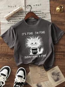 Women's Short-Sleeved T-Shirt With A Round Neck, Casual Style, Loose Fit, Slogan Print, New Summer Collection, Ideal For Everyday Wear And Holidays. Women's T-Shirt. White - 深灰色 - 查看 4