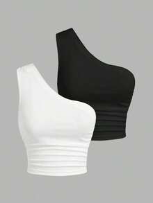 Blusa de un hombro de punto en tonos negro y beis para mujer - Blanco y Negro - Ver 1