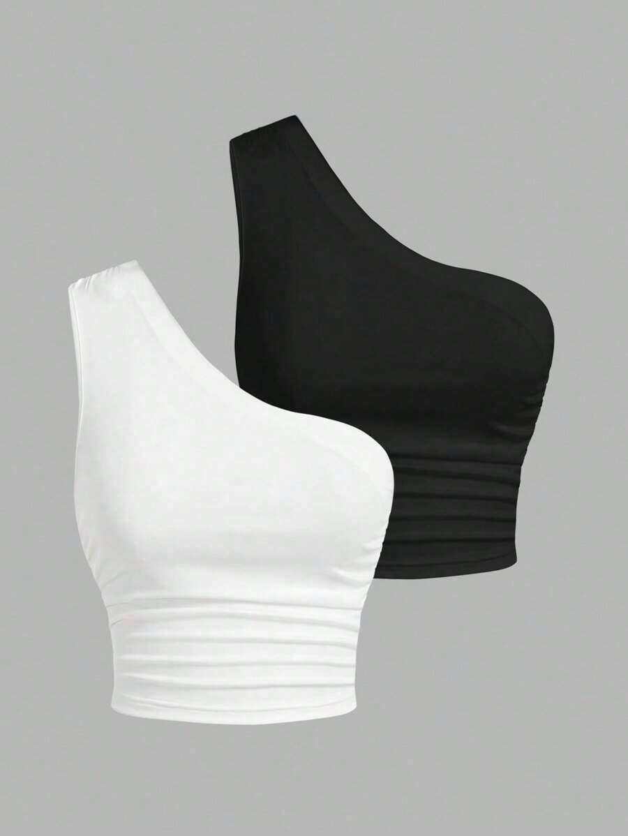 Blusa de un hombro de punto en tonos negro y beis para mujer - Blanco y Negro - Ver 1