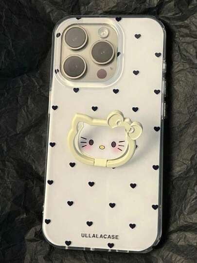 SANRIO 1个黑色爱心和KT猫咪图案简约手机壳，适用于 11-17 Pro Max